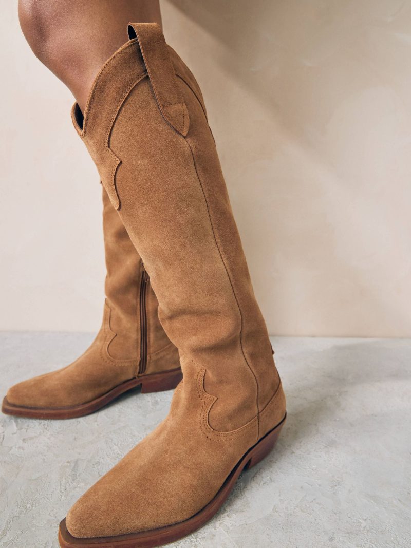 BLU84267 Tan Brown Suede Cowboy Boho Knee High Boots