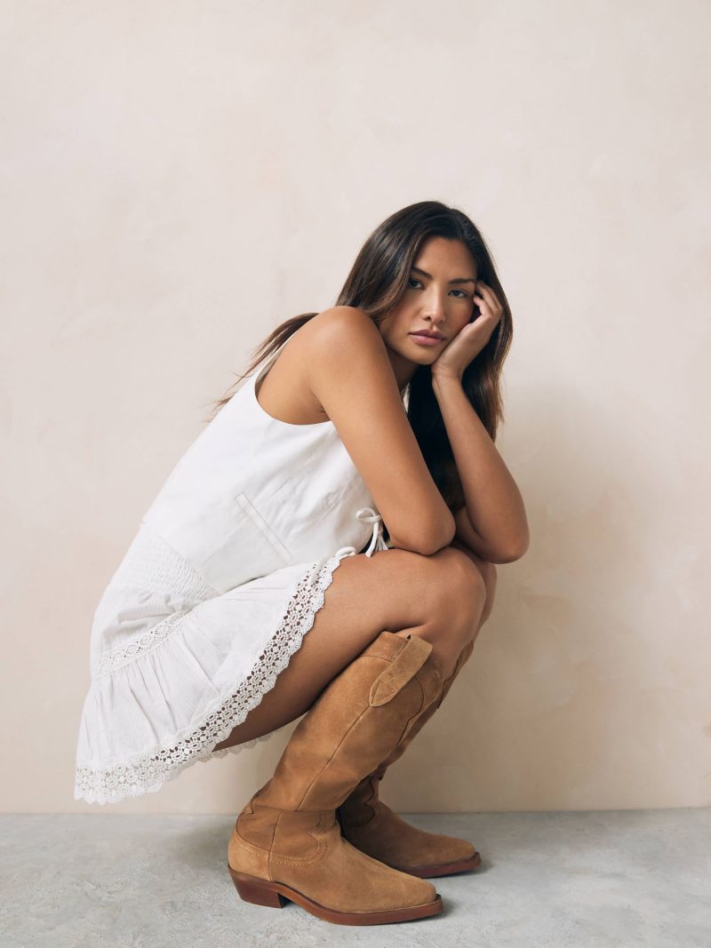 BLU84267 Tan Brown Suede Cowboy Boho Knee High Boots - Image 3
