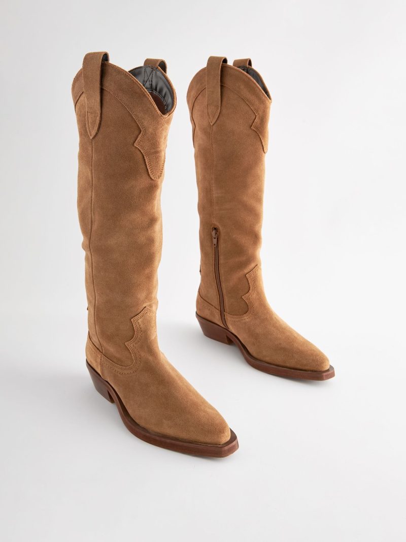 BLU84267 Tan Brown Suede Cowboy Boho Knee High Boots - Image 4