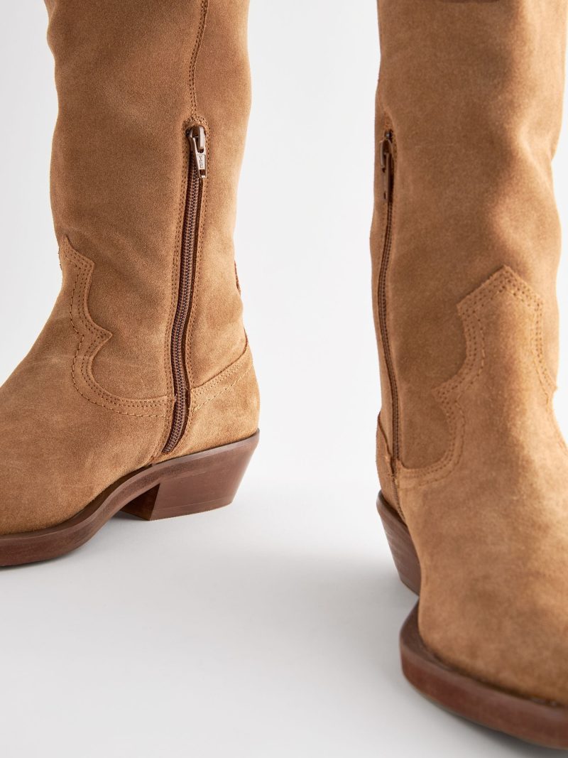 BLU84267 Tan Brown Suede Cowboy Boho Knee High Boots - Image 6