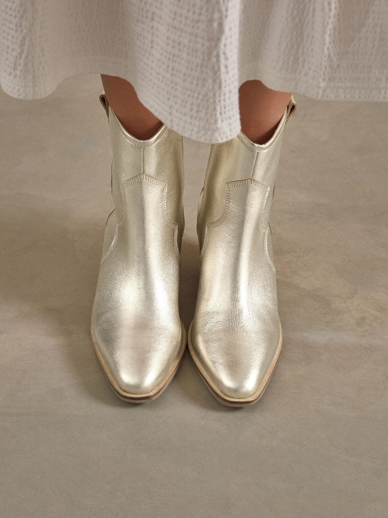 BLU84266 Gold Boho Standard/Wide Leather Ankle Cowboy Boots - Image 2