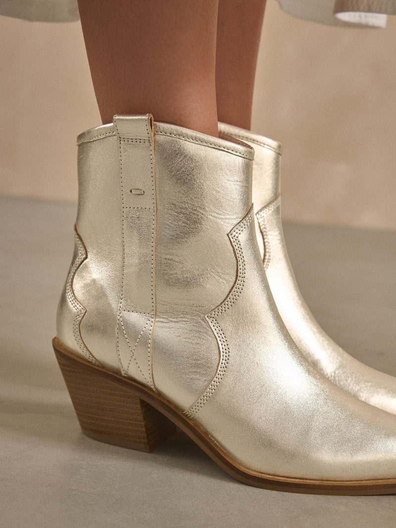 BLU84266 Gold Boho Standard/Wide Leather Ankle Cowboy Boots - Image 3