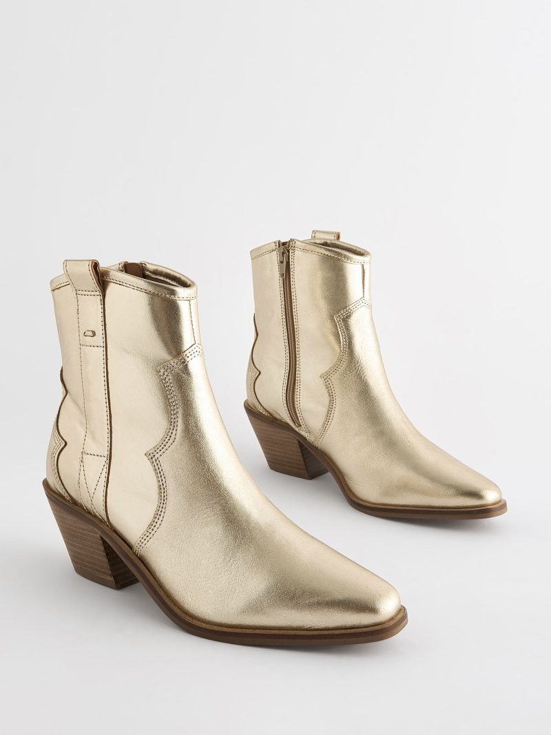 BLU84266 Gold Boho Standard/Wide Leather Ankle Cowboy Boots - Image 6