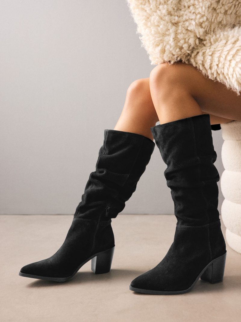 BLU84279 Black Suede Knee High Slouch Boots