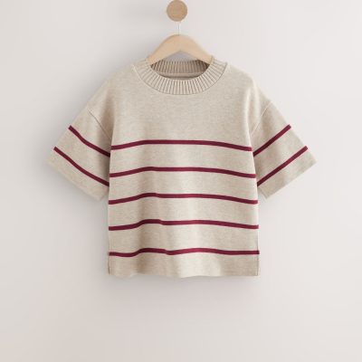 BLU84298 Red Cosy Soft Touch Boxy Short Sleeve Striped Knitted Jumper Top
