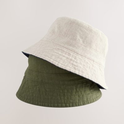 BLU84232 Khaki Green/Navy Blue Linen Reversible Bucket Hat 2 Pack