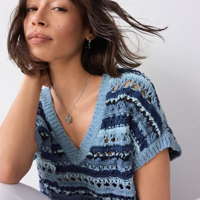 BLU84293 Blue Crochet Stitch V-Neck Short Sleeve 100% Cotton Top