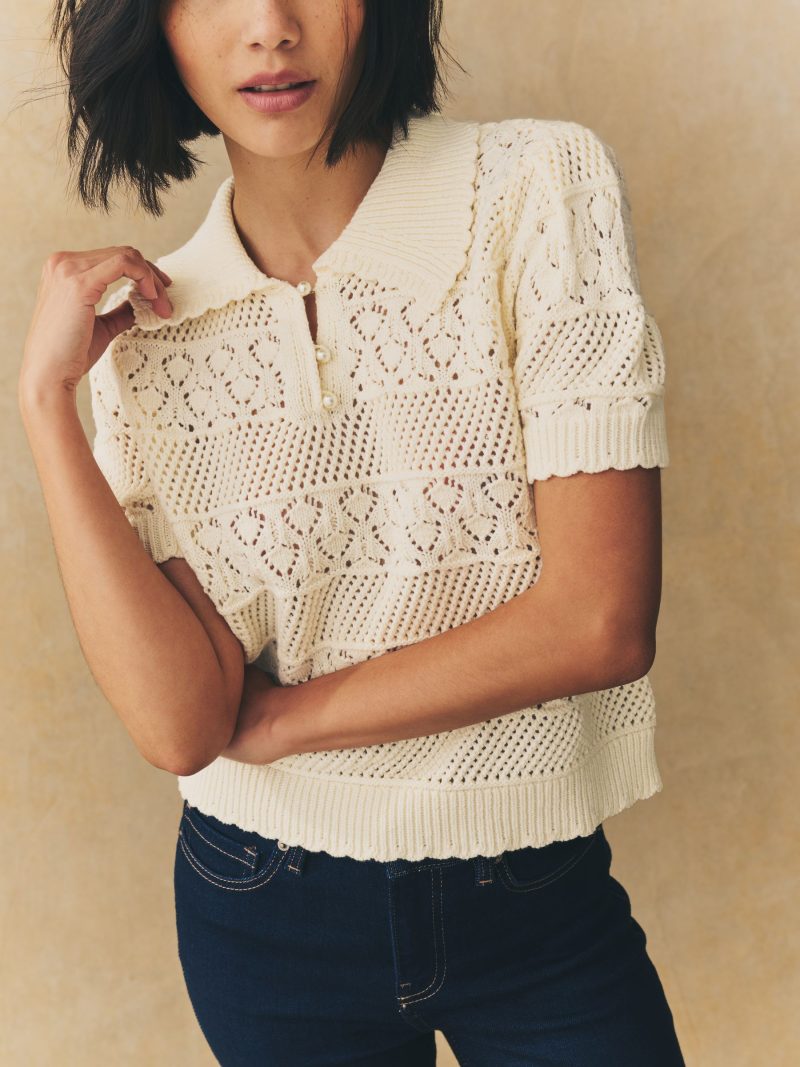 BLU84296 White Ecru Pearl-Effect Button Up Stitch Polo Top - Image 4