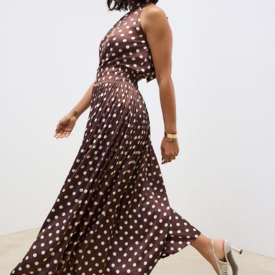 BLU84281 Brown Glossy Satin Polka Dot Maxi Skirt