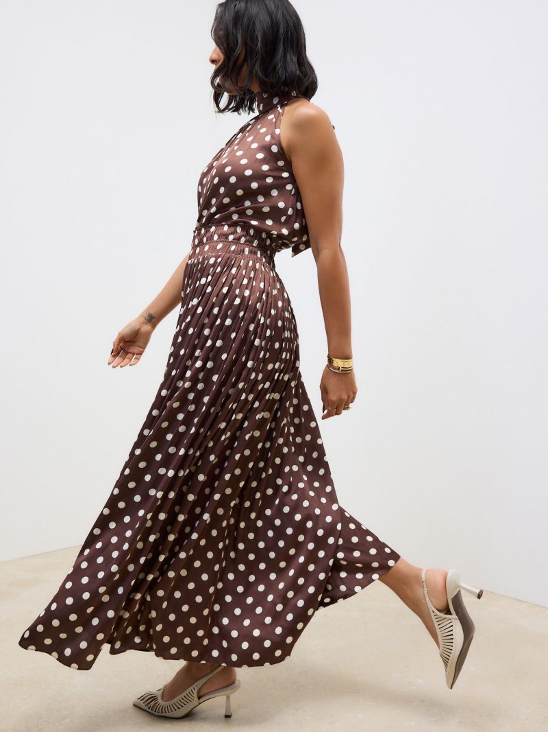 BLU84281 Brown Glossy Satin Polka Dot Maxi Skirt