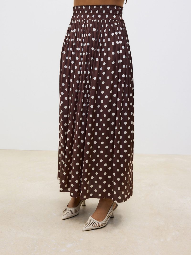 BLU84281 Brown Glossy Satin Polka Dot Maxi Skirt - Image 3