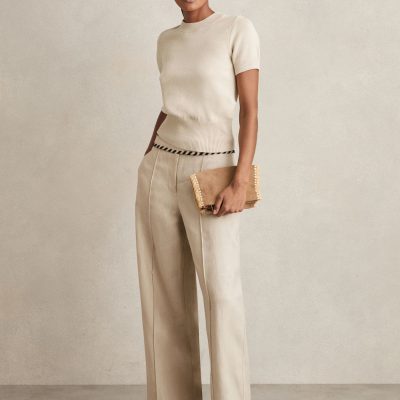 BLU84294 Neutral  Cotton And Wool Crew-Neck Top