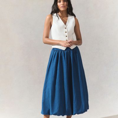 BLU84288 Mid Blue Puffball Midi Denim Skirt