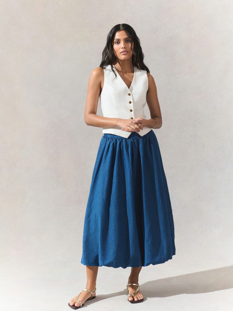 BLU84288 Mid Blue Puffball Midi Denim Skirt