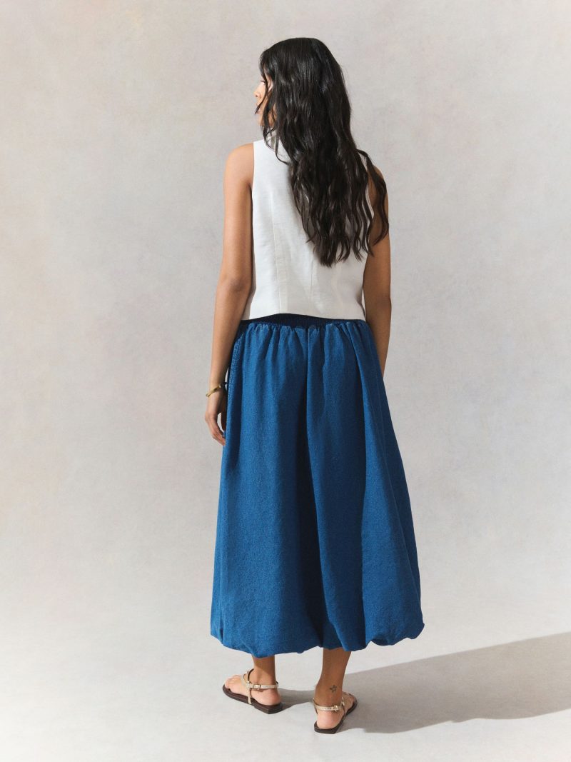 BLU84288 Mid Blue Puffball Midi Denim Skirt - Image 2