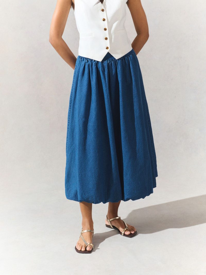 BLU84288 Mid Blue Puffball Midi Denim Skirt - Image 3