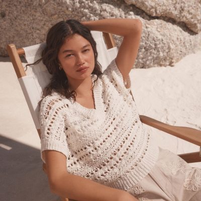BLU84299 White Ecru Crochet Stitch V-Neck Short Sleeve 100% Cotton Top