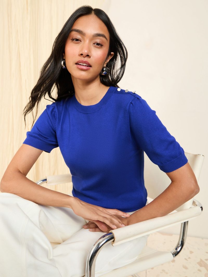 BLU84301 Cobalt Button Shoulder Knitted Top