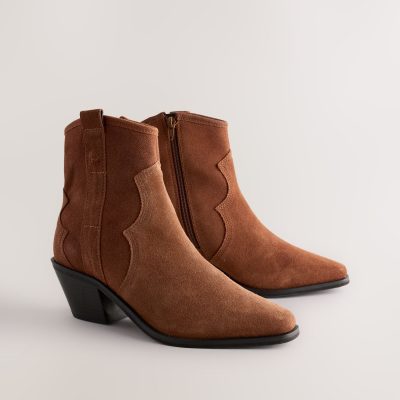 BLU84264 Tan Brown Standard/Wide Leather Ankle Cowboy Boots