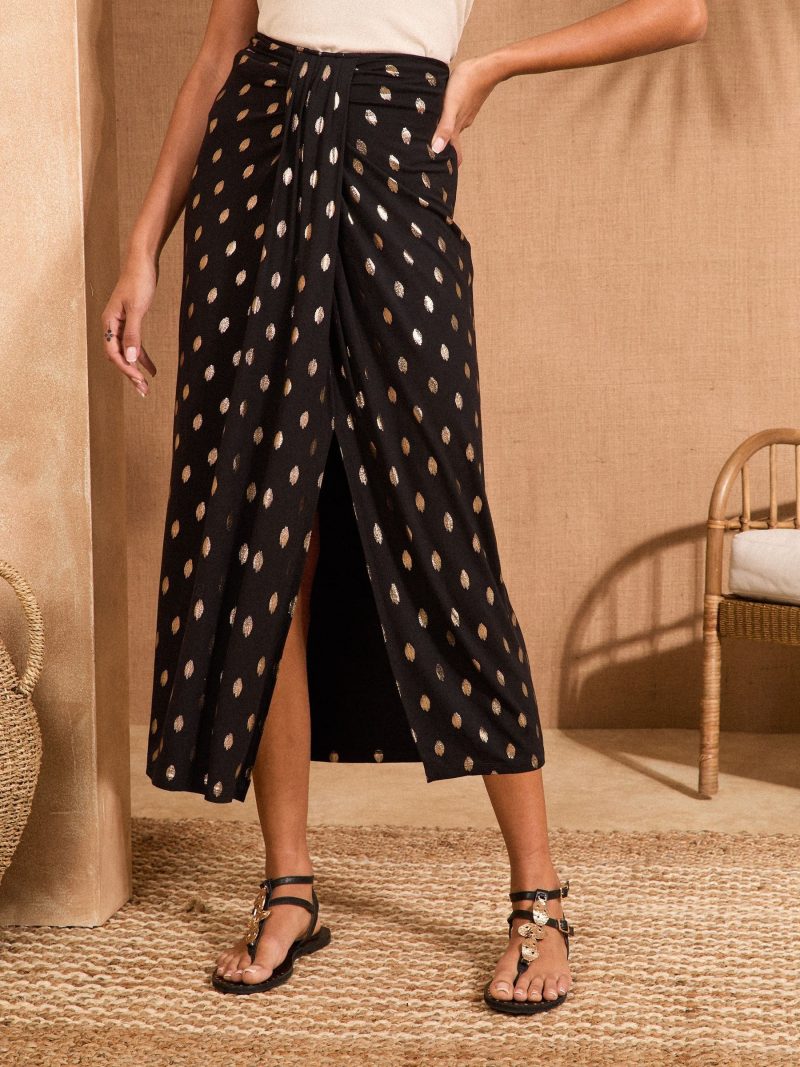 BLU84289 Black Dash Foil Printed Knot Midi Skirt - Image 4
