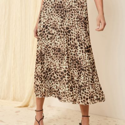 BLU84290 Cream Animal Pleated Midi Skirt