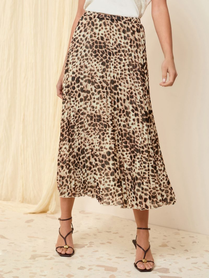BLU84290 Cream Animal Pleated Midi Skirt