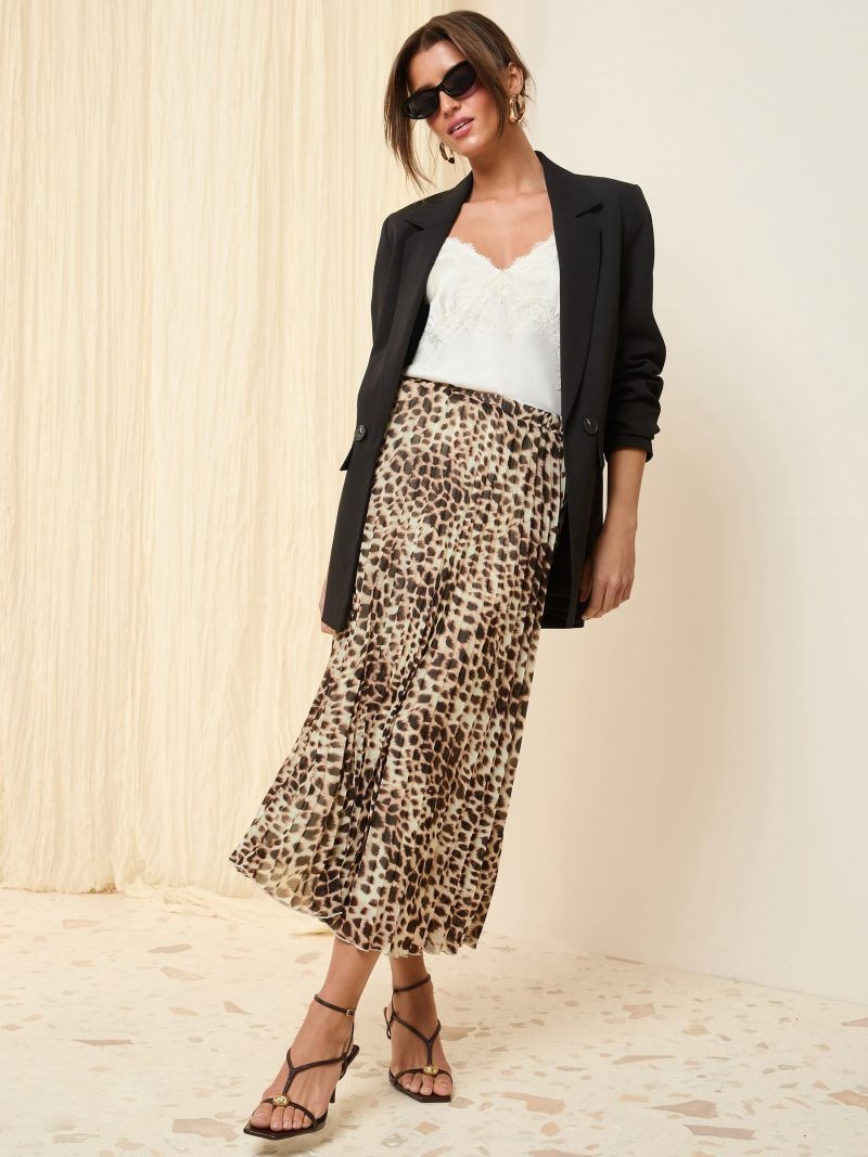 BLU84290 Cream Animal Pleated Midi Skirt - Image 2