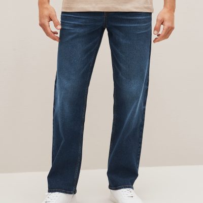 BLU84257 Mid Blue Straight Fit Straight Fit Essential Stretch Jeans