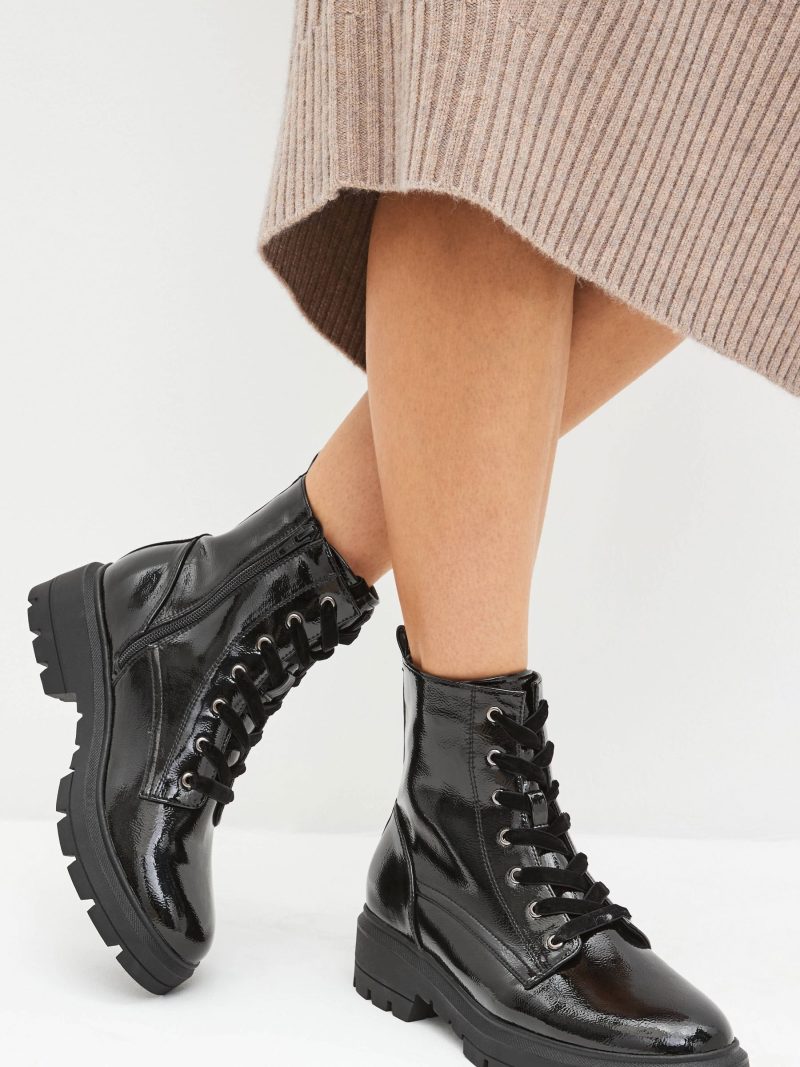 BLU84278 Black Textured Patent Standard/Wide Lace-Up Boots
