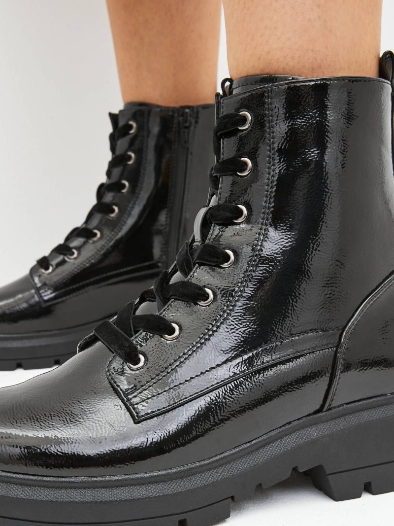 BLU84278 Black Textured Patent Standard/Wide Lace-Up Boots - Image 2