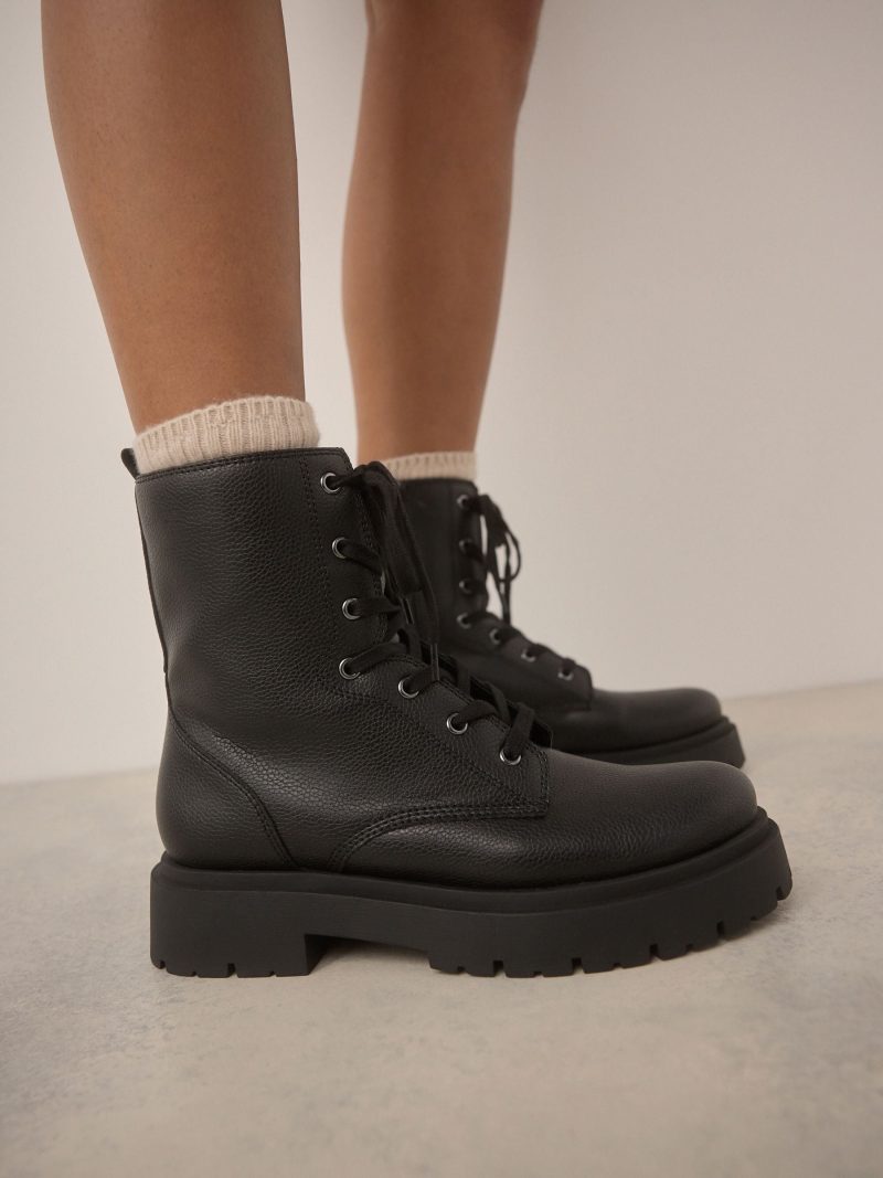 BLU84272 Black Chunky Lace-Up Ankle Boots