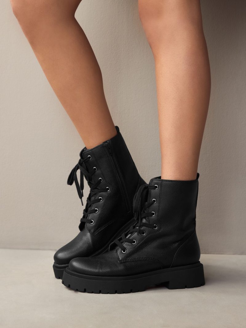BLU84272 Black Chunky Lace-Up Ankle Boots - Image 2