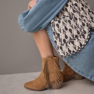 BLU84265 Tan Brown Suede Boho Fringe Cowboy Ankle Boots