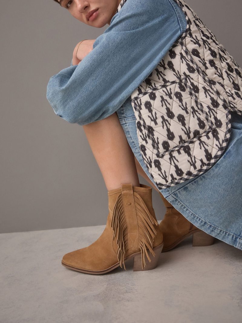 BLU84265 Tan Brown Suede Boho Fringe Cowboy Ankle Boots