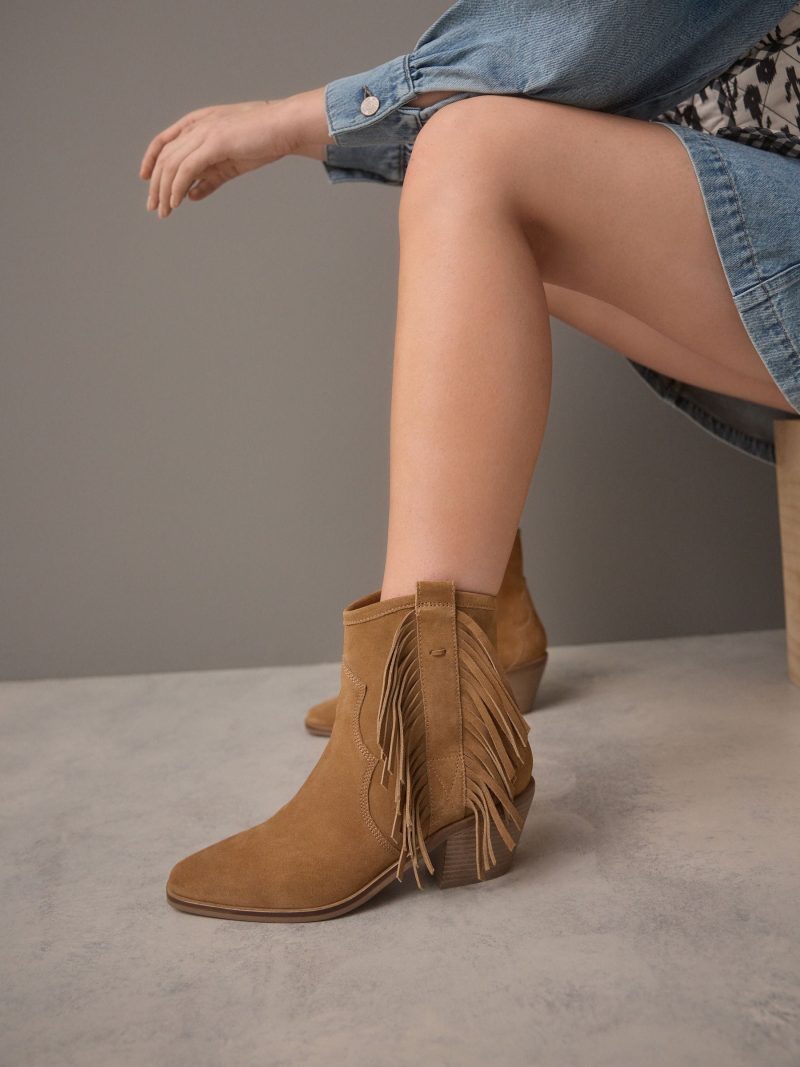 BLU84265 Tan Brown Suede Boho Fringe Cowboy Ankle Boots - Image 2
