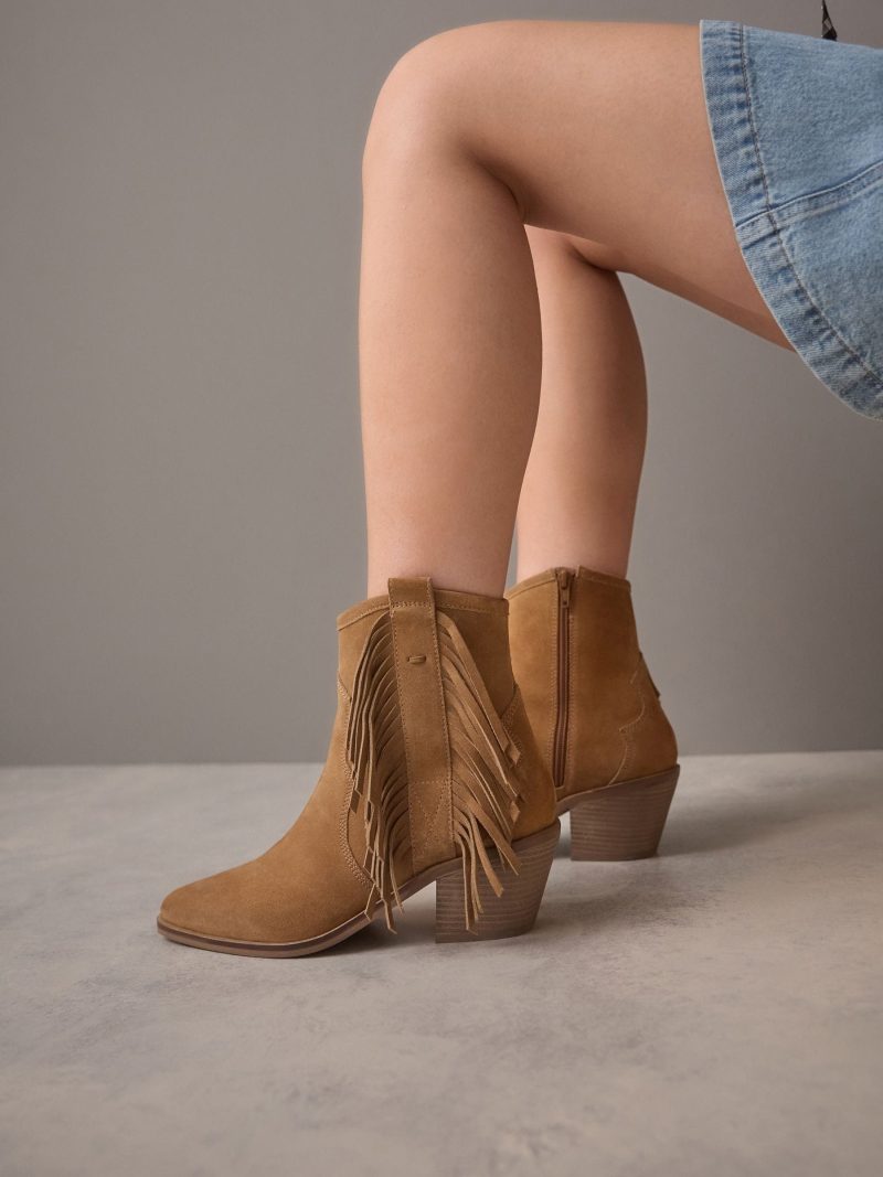 BLU84265 Tan Brown Suede Boho Fringe Cowboy Ankle Boots - Image 3