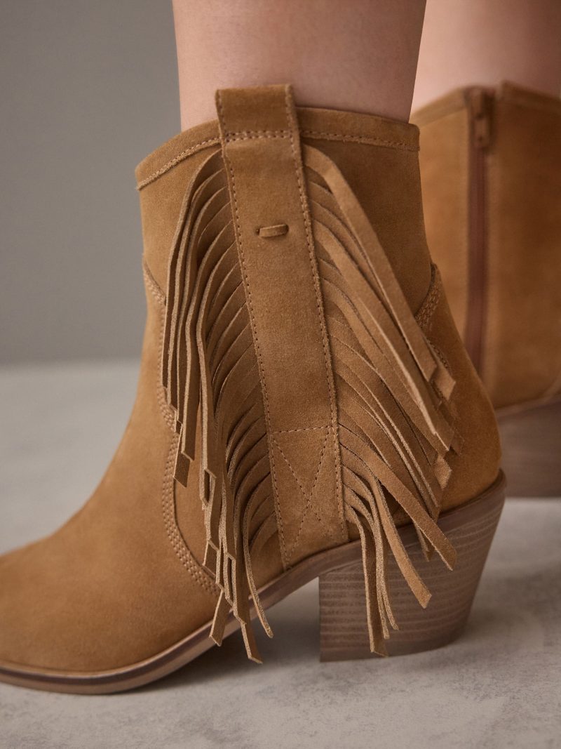 BLU84265 Tan Brown Suede Boho Fringe Cowboy Ankle Boots - Image 4