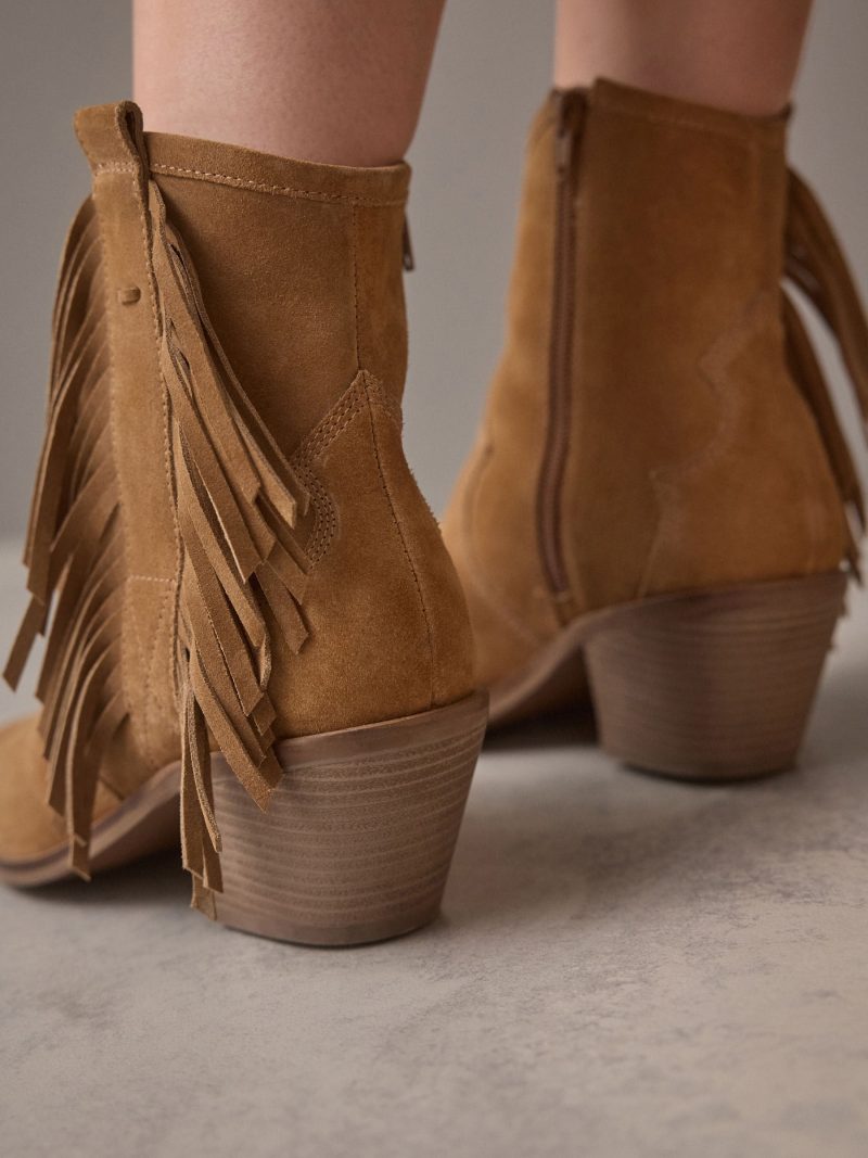 BLU84265 Tan Brown Suede Boho Fringe Cowboy Ankle Boots - Image 5