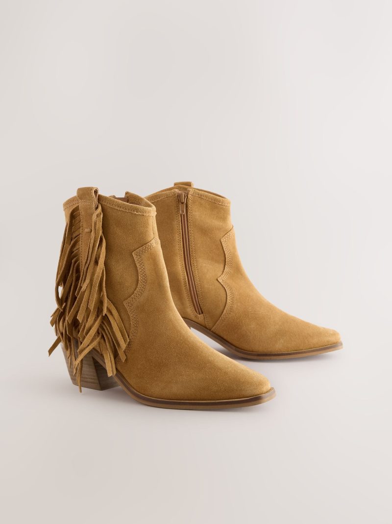 BLU84265 Tan Brown Suede Boho Fringe Cowboy Ankle Boots - Image 6