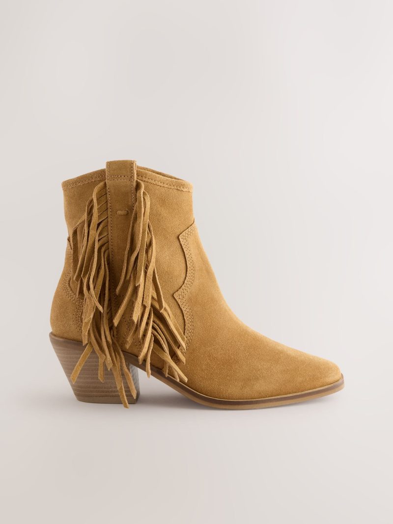 BLU84265 Tan Brown Suede Boho Fringe Cowboy Ankle Boots - Image 7