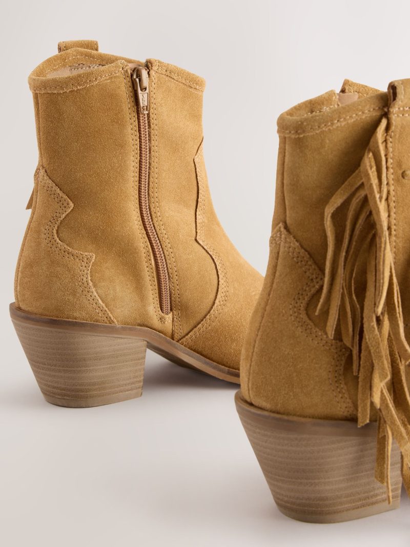 BLU84265 Tan Brown Suede Boho Fringe Cowboy Ankle Boots - Image 8