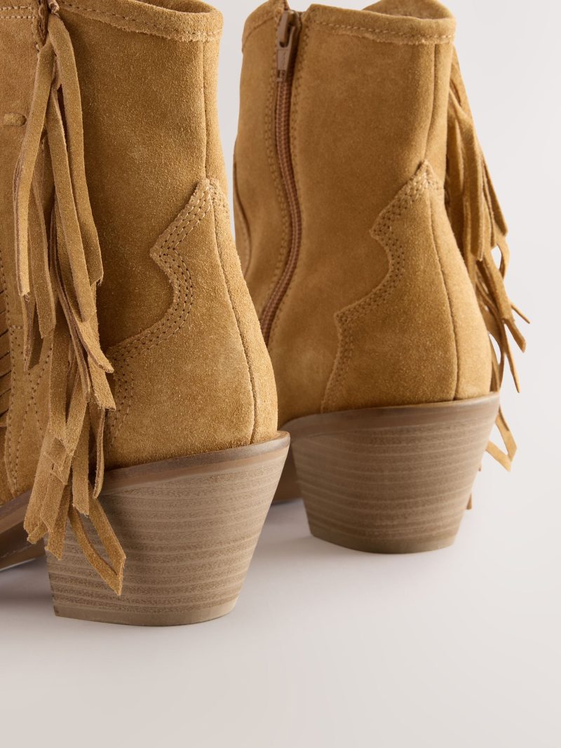 BLU84265 Tan Brown Suede Boho Fringe Cowboy Ankle Boots - Image 9